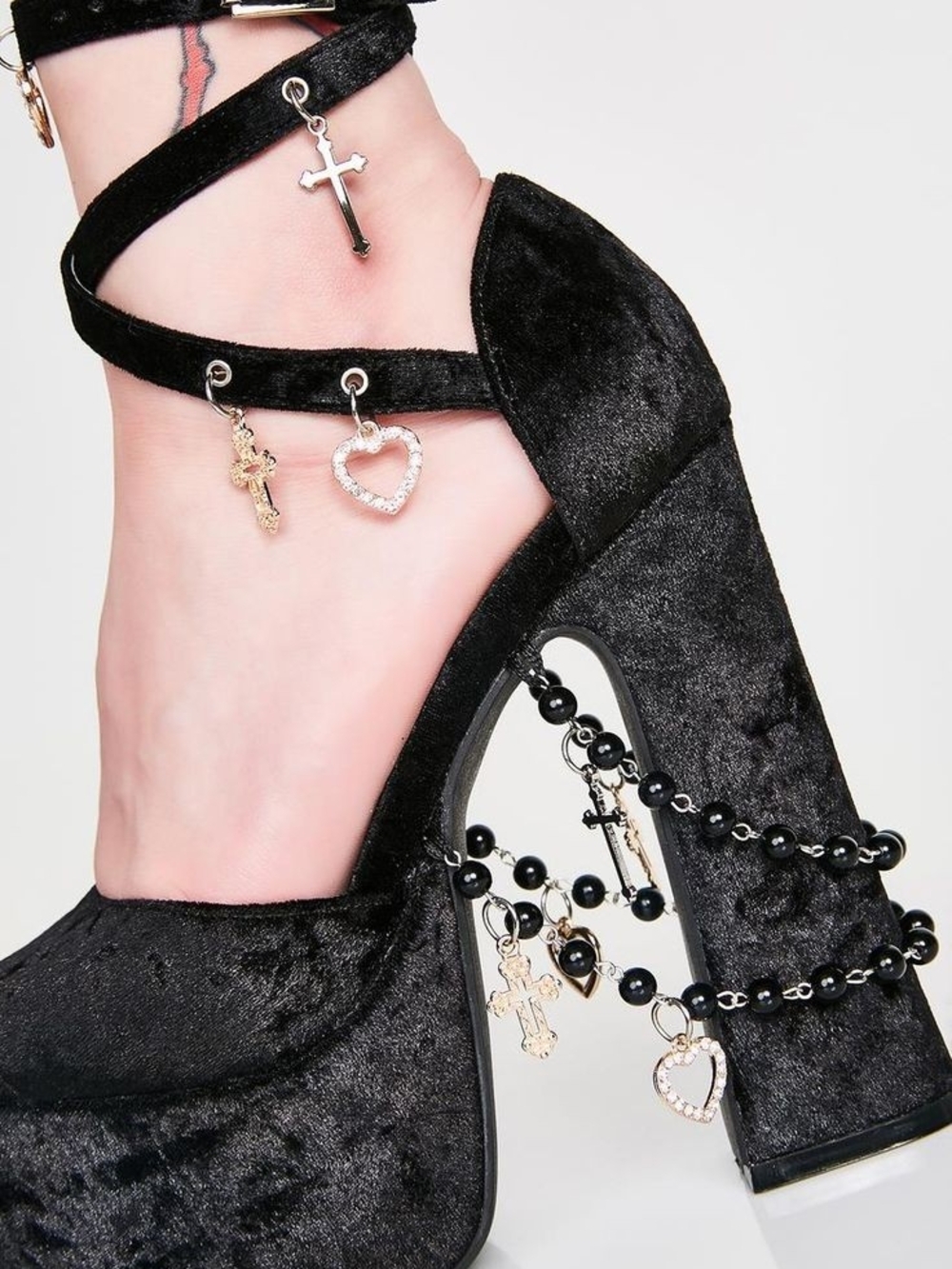 Charmed Black Velvet Platform Heels with Ankle Wrap